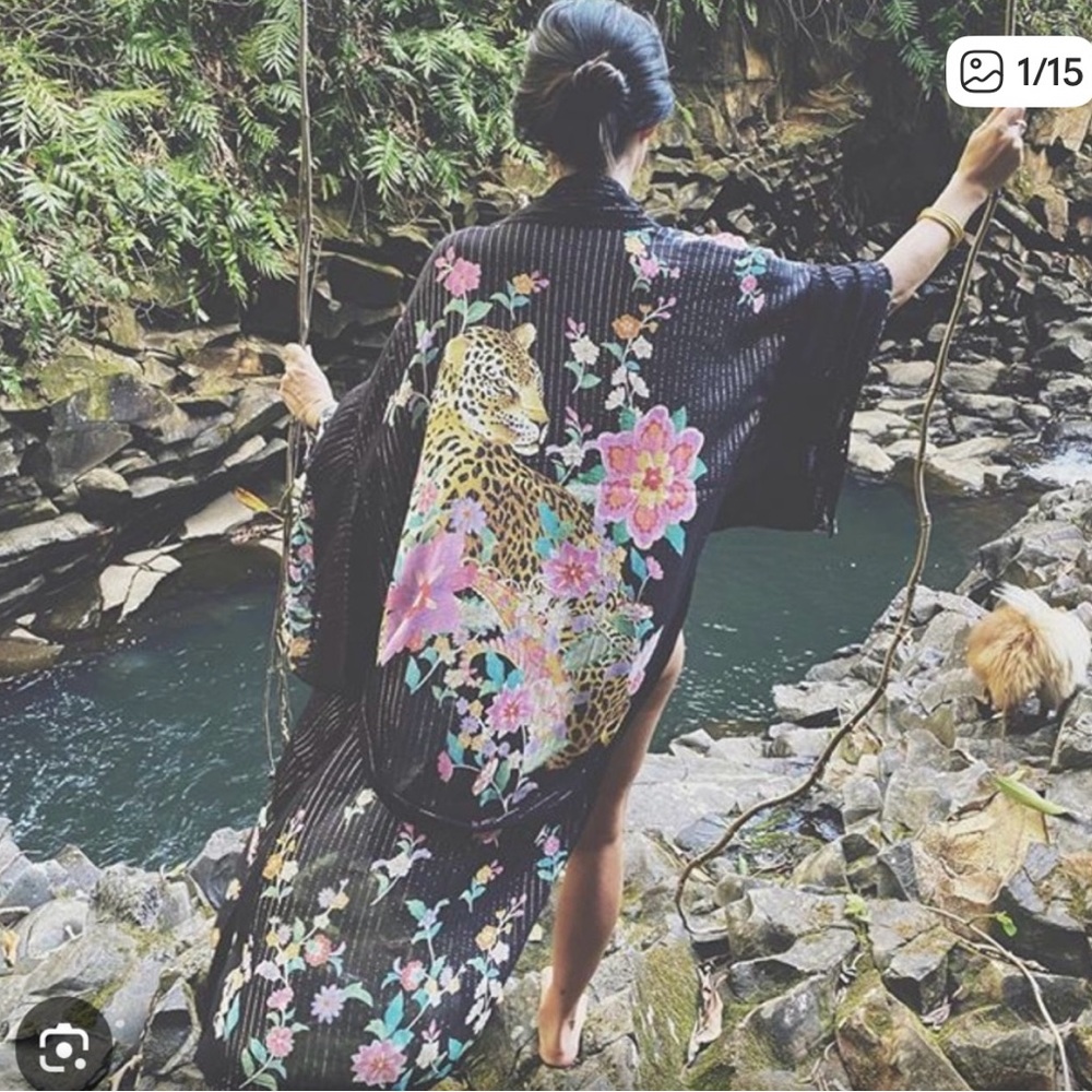 Spell Black Kimono with Floral and Leopard Design